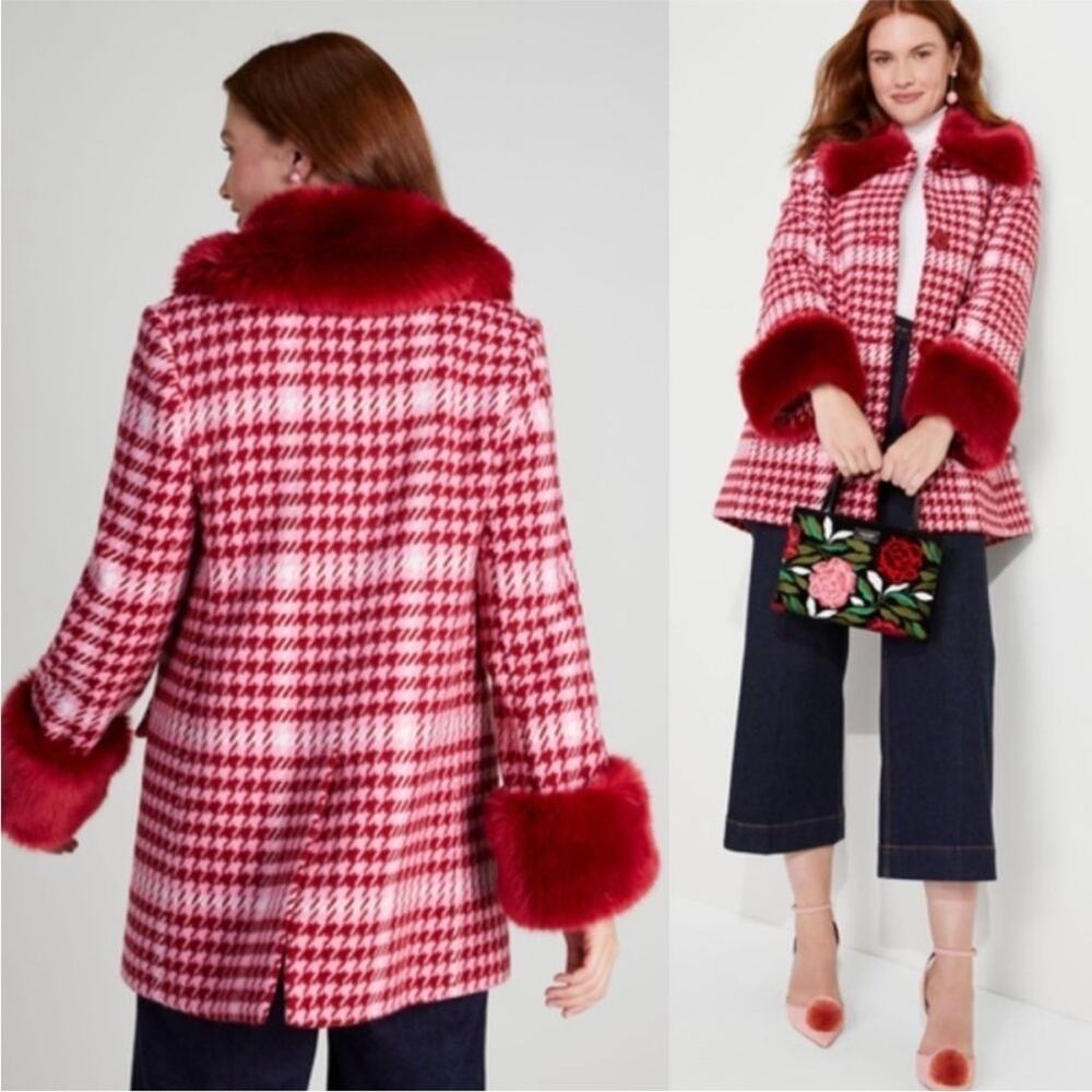KATE SPADE Fiesta Plaid houndstooth fur red coat size XS